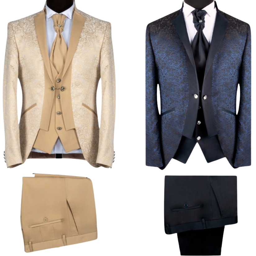 Bridal Tuxedo Suit - light beige & deep blue with floral pattern