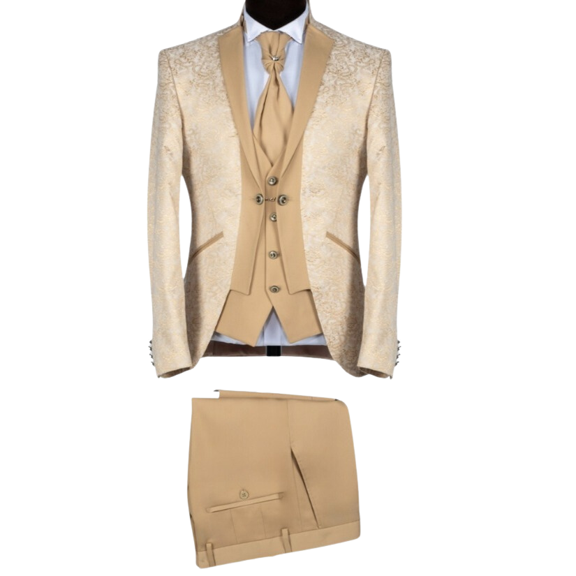 Bridal Tuxedo Suit - beige with a gold floral pattern