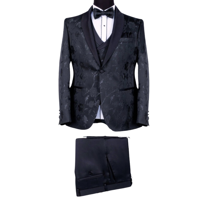 Bridal Tuxedo Suit - black with a  silver floral pattern