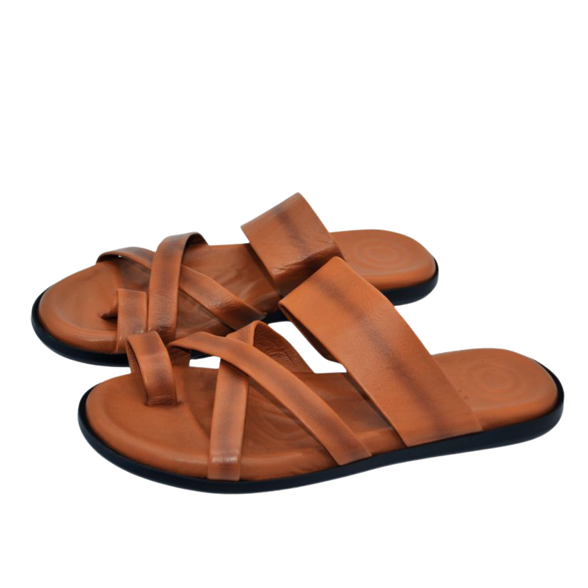 brown leather sandals with a crisscross strap