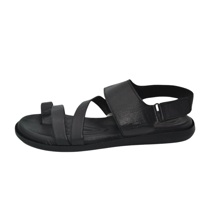 black leather sandals with a crisscross strap