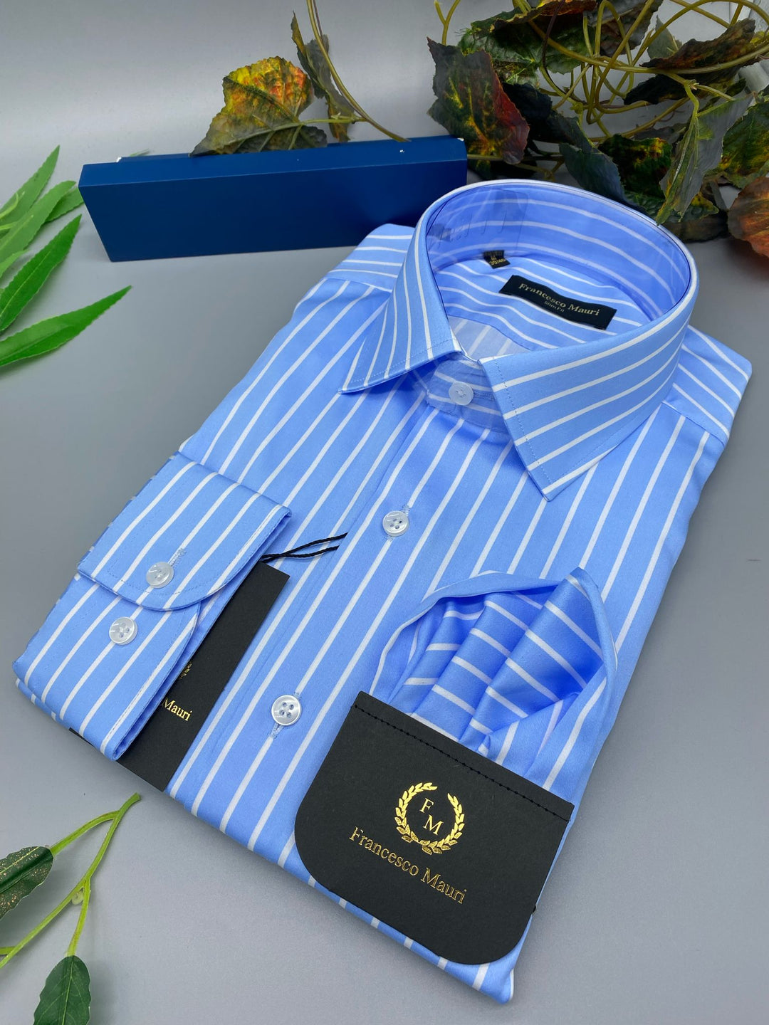 Francesco Mauri Shirt - light blue with white stripes.